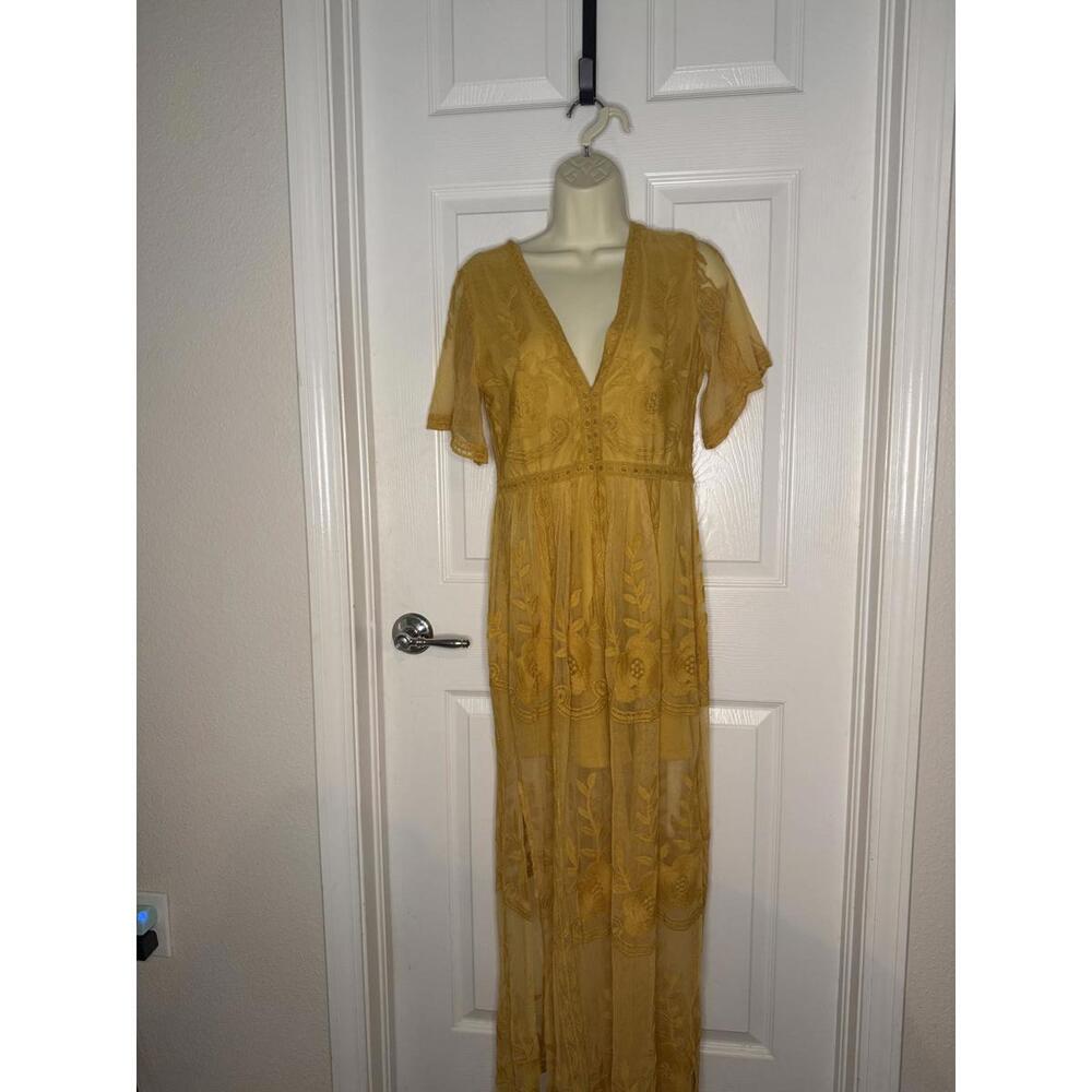 Mustard Yellow Lace Maxi Dress with V-Neck